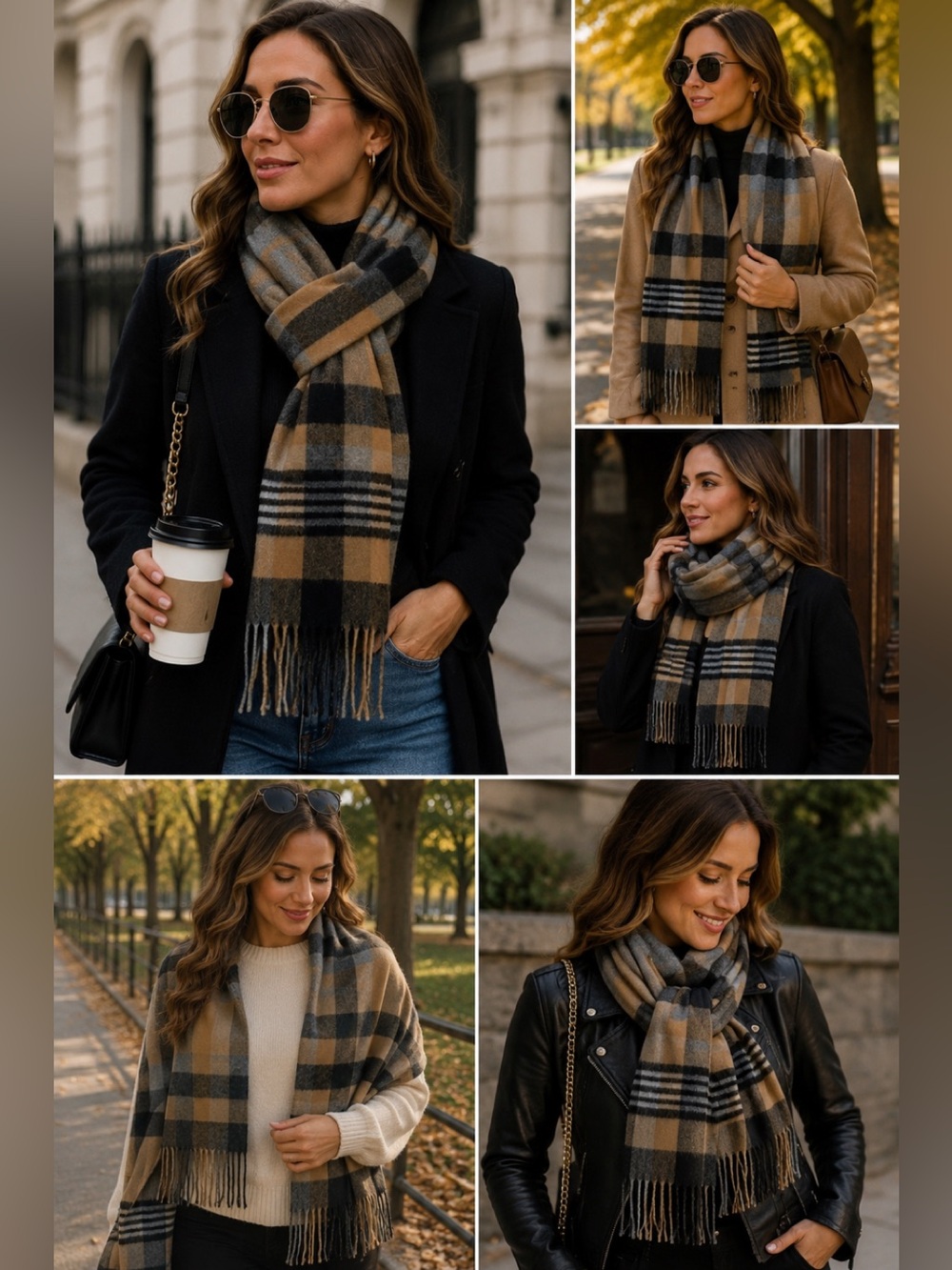 Cashmink V.FRAAS tan camel brown gray black plaid check fall winter scarf🔥